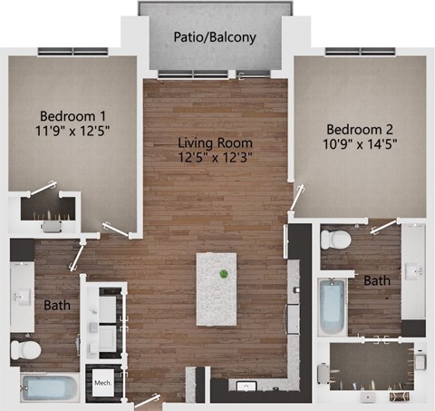 Floor plan for 2 beds, 2 baths, 1085 sqft